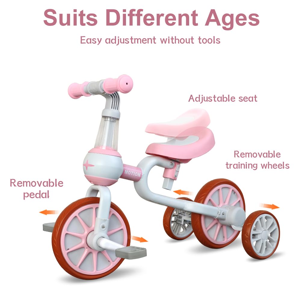 3 in 1 Toddler Bike with Adjustable Seat, Detachable Pedal and Training Wheels, Pink H883008