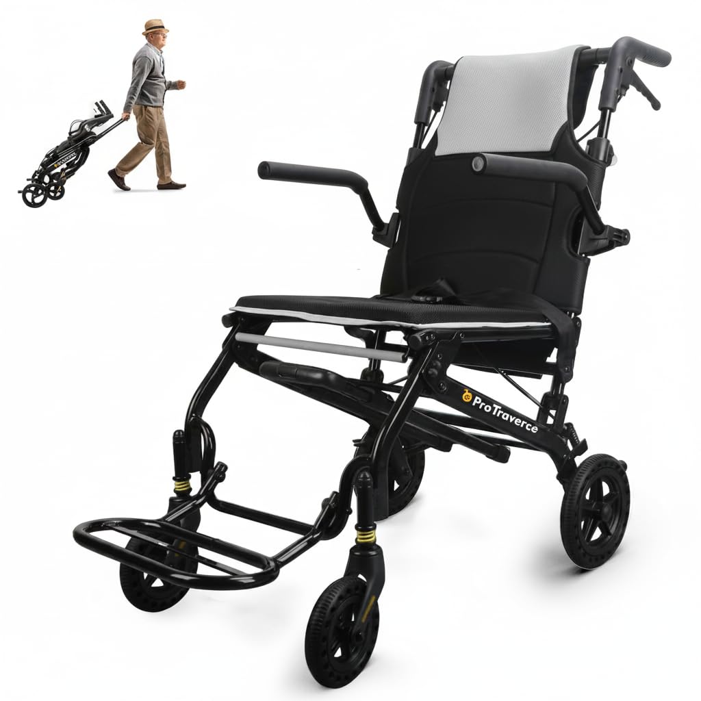 Lightweight Foldable Transport Wheelchair with Telescopic Handle, 18-Inch Seat, Grey O602