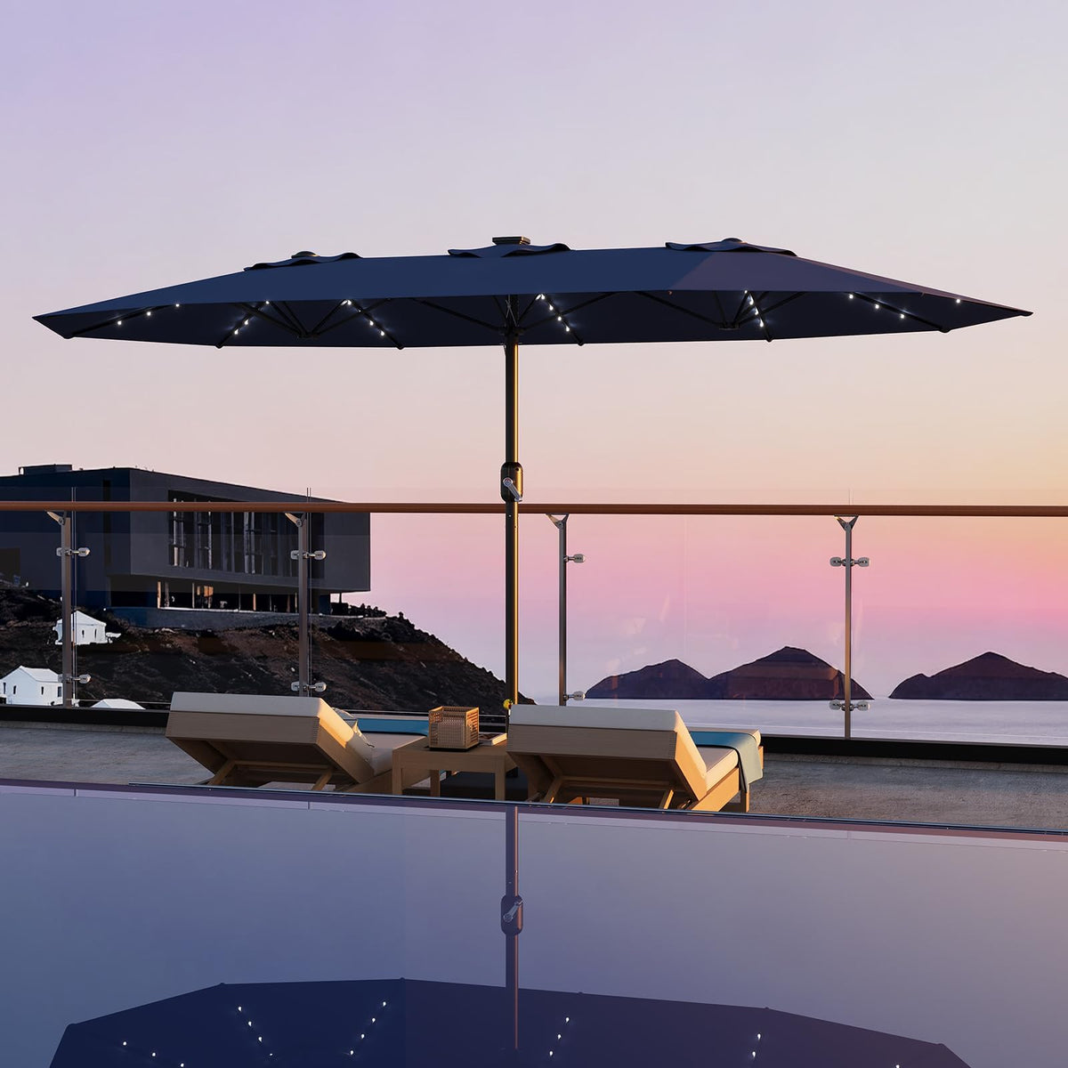 15FT Patio Umbrella with Solar Lights & Base Y788