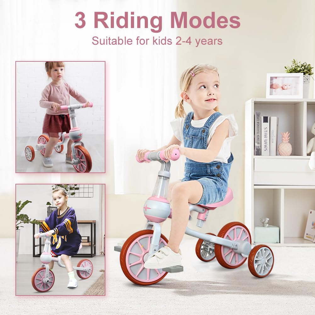 3 in 1 Toddler Bike with Adjustable Seat, Detachable Pedal and Training Wheels, Pink H883008