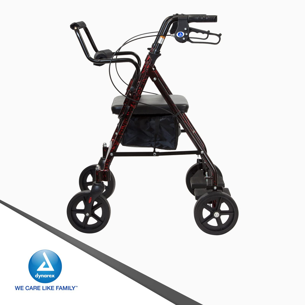 4 Wheel Rollator and Transport Wheelchair with Fold-Down Footrests, Red Frame X130