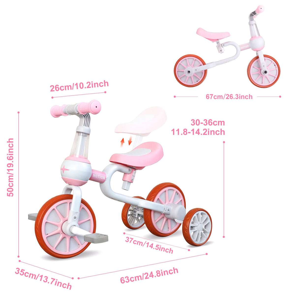 3 in 1 Toddler Bike with Adjustable Seat, Detachable Pedal and Training Wheels, Pink H883008