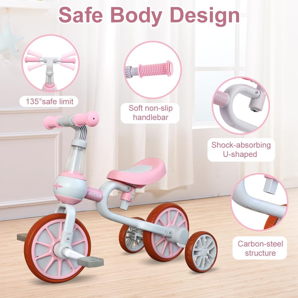 3 in 1 Toddler Bike with Adjustable Seat, Detachable Pedal and Training Wheels, Pink H883008
