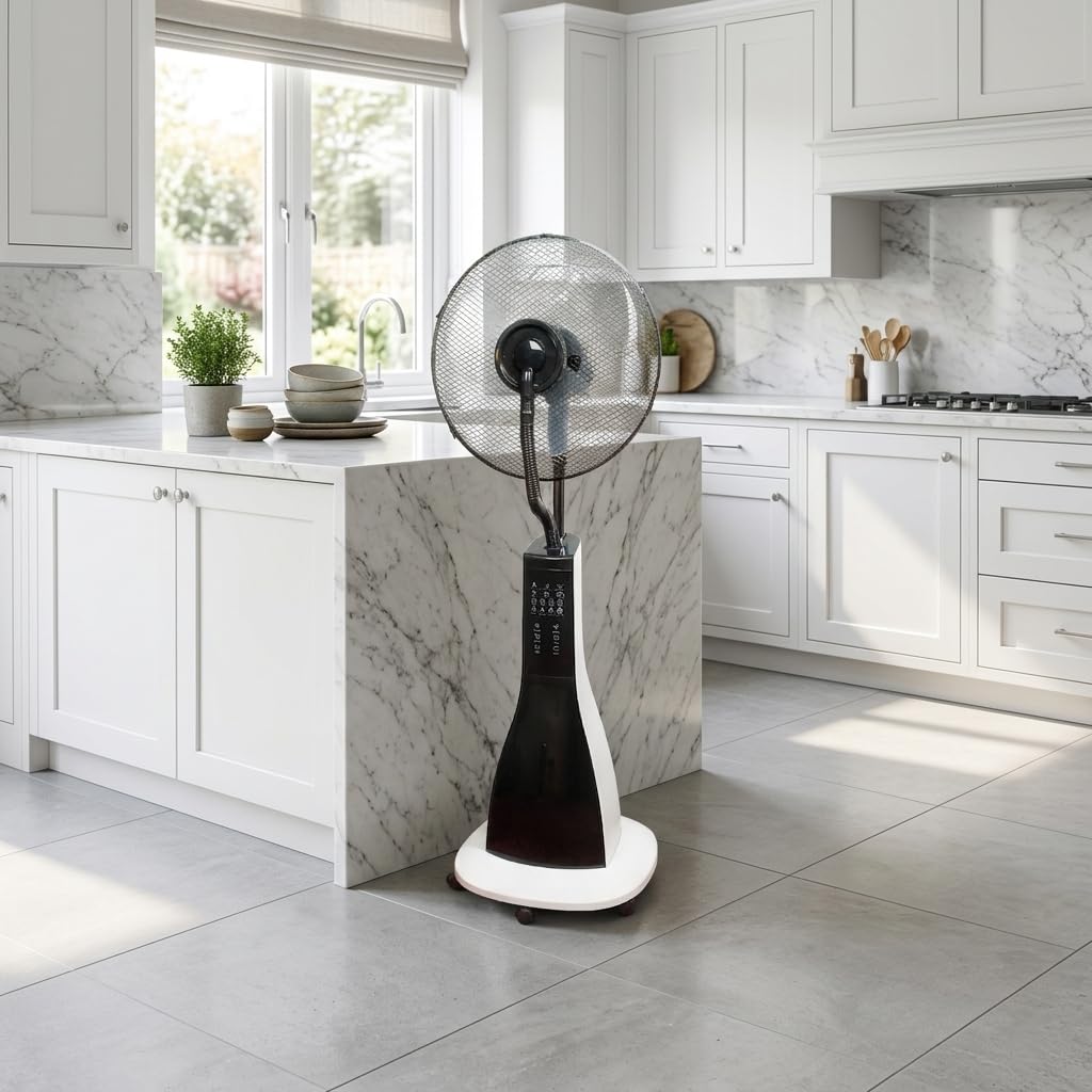 47" Misting Oscillating Pedestal Fan with Water Tank, Remote, Timer, 3 Speeds, Black White Y6917