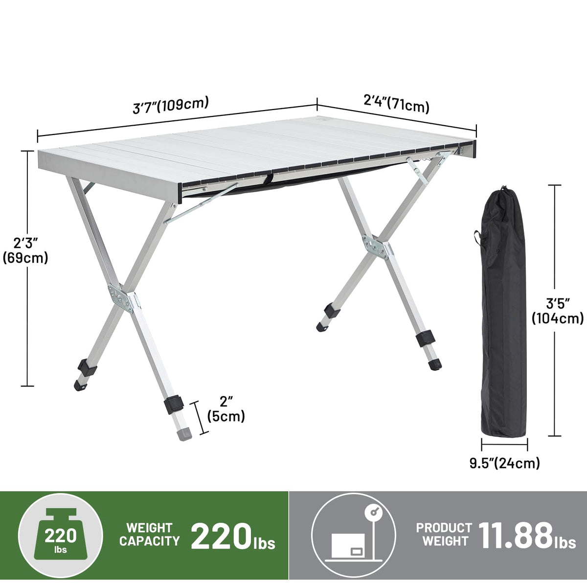 Folding Camping Table Adjustable Height Lightweight Aluminum Y753374