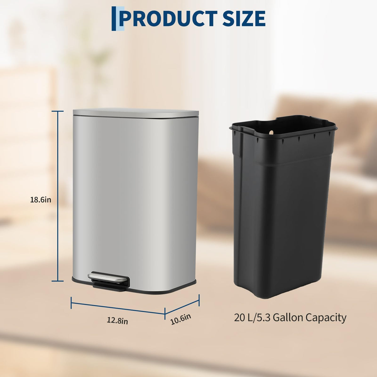 5.2 Gallon Brushed Stainless Steel Trash Can with Soft-Close Lid T396