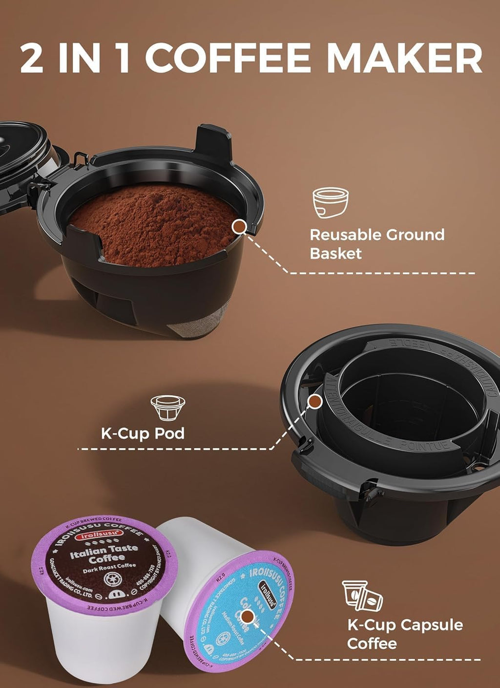 Single Serve Coffee Maker, 2 in 1 Capsule & Ground Coffee Brewer, 40 Oz Removable Water Tank F239