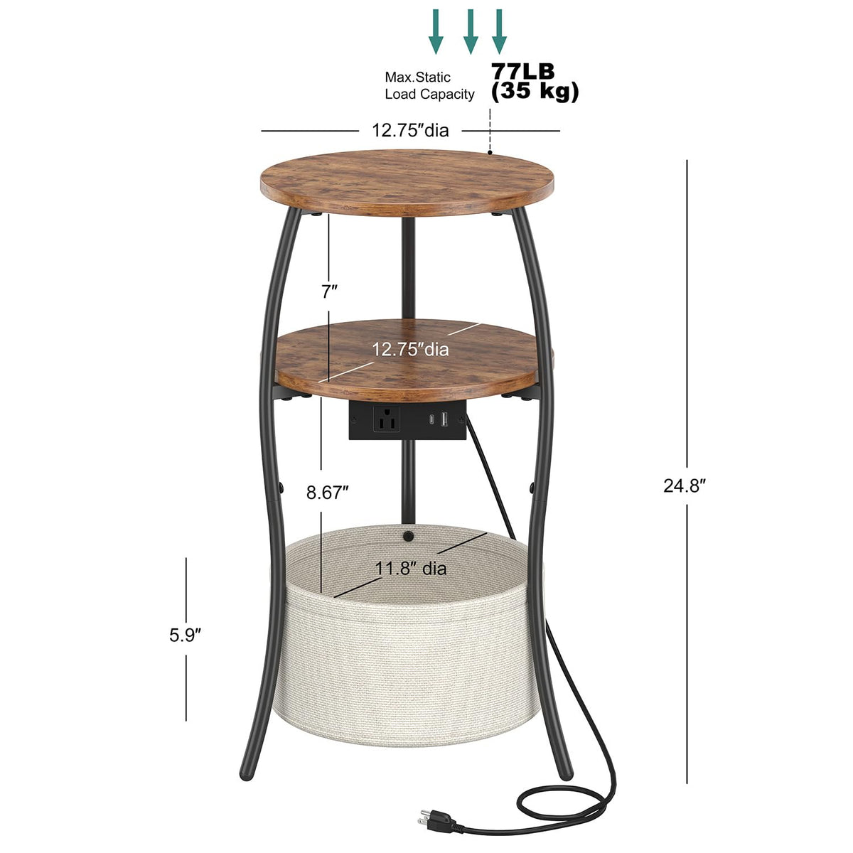 3-Tier Round End Table with Charging Station E625