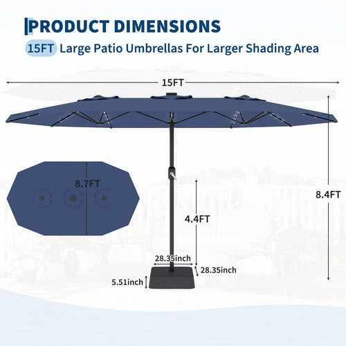 15FT Patio Umbrella with Solar Lights & Base Y788