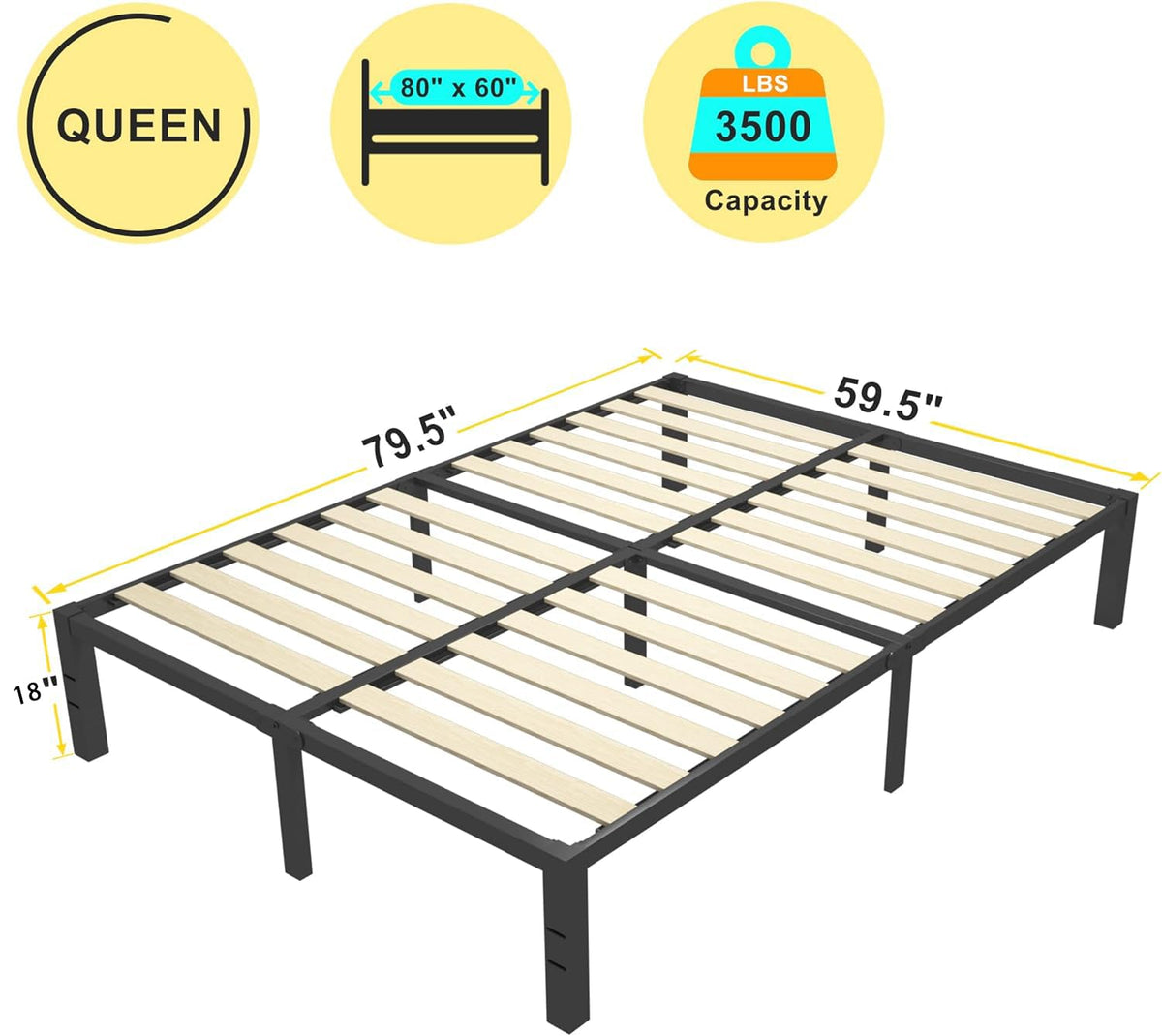 18 inch Queen Size Heavy Duty Platform Bed Frame with Wood Slats B9701