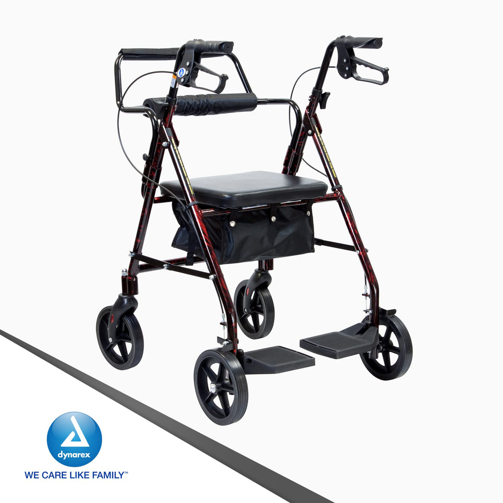 4 Wheel Rollator and Transport Wheelchair with Fold-Down Footrests, Red Frame X130