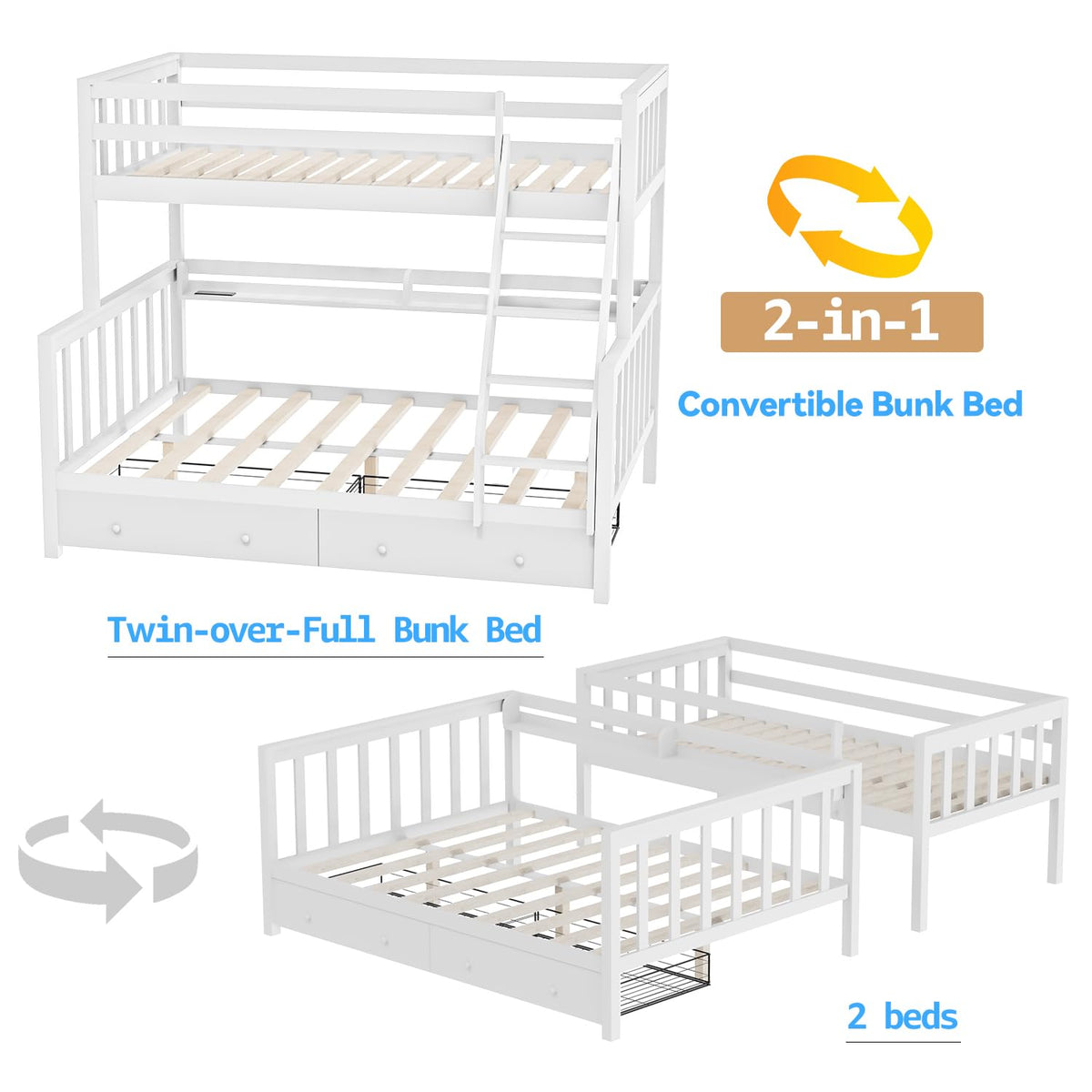 Solid Wood Bunk Bed with Charging Station and LED Lights Twin Over Full with 2 Storage Drawers M856
