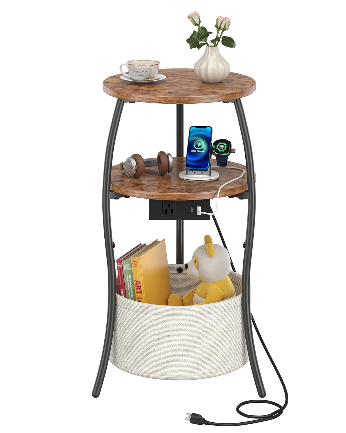 3-Tier Round End Table with Charging Station E625