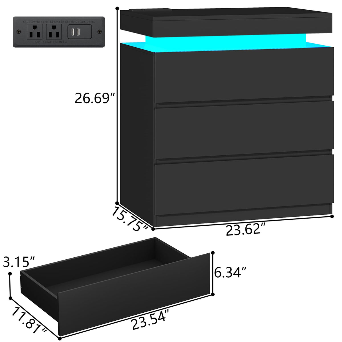 Nightstand with Charging Station, LED Lights, 3 Storage Drawers A5765