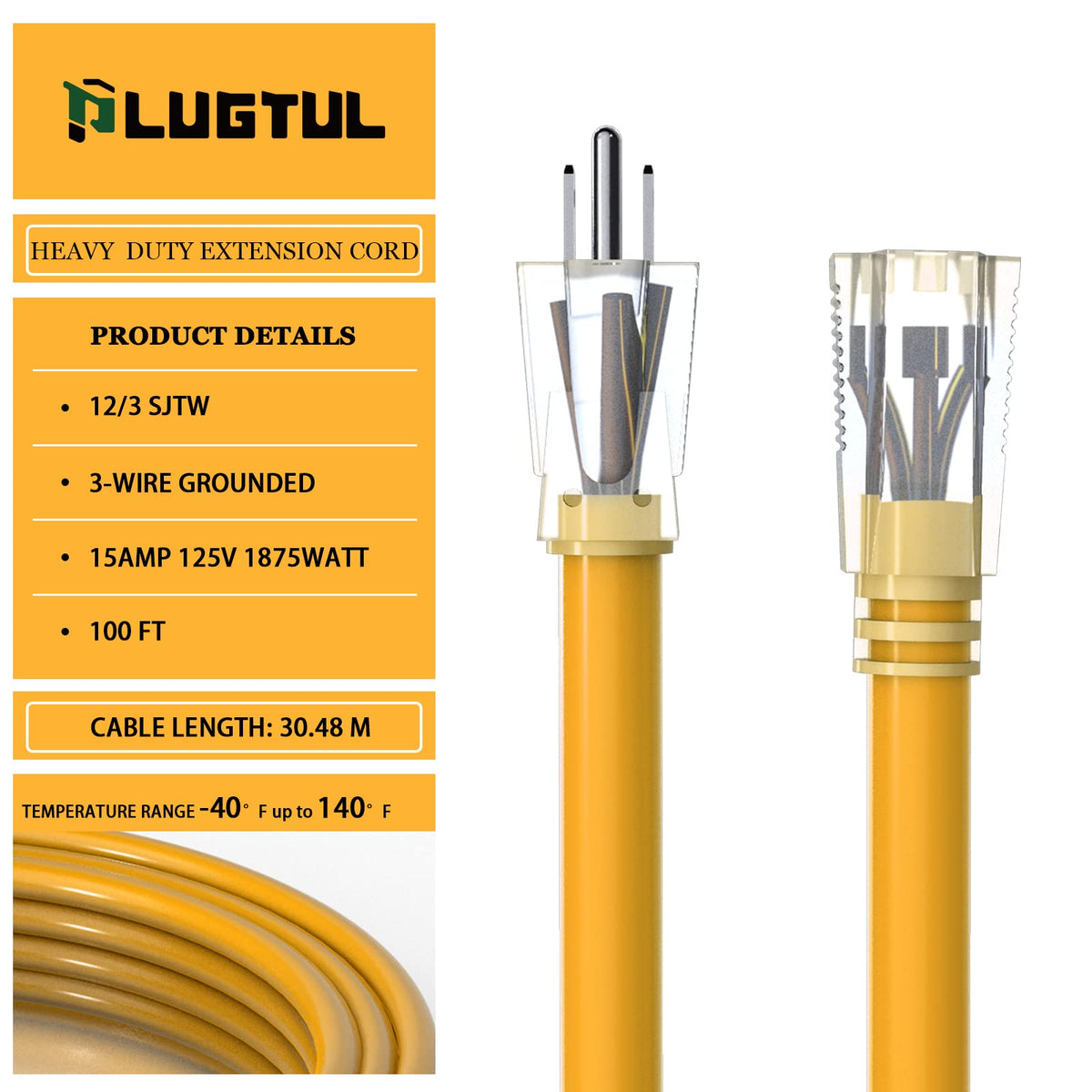 12 Gauge 100 Ft Heavy Duty Outdoor Extension Cord Waterproof Lighted End SJTW 3 Prong Grounded Plug 15A 1875W Yellow N414