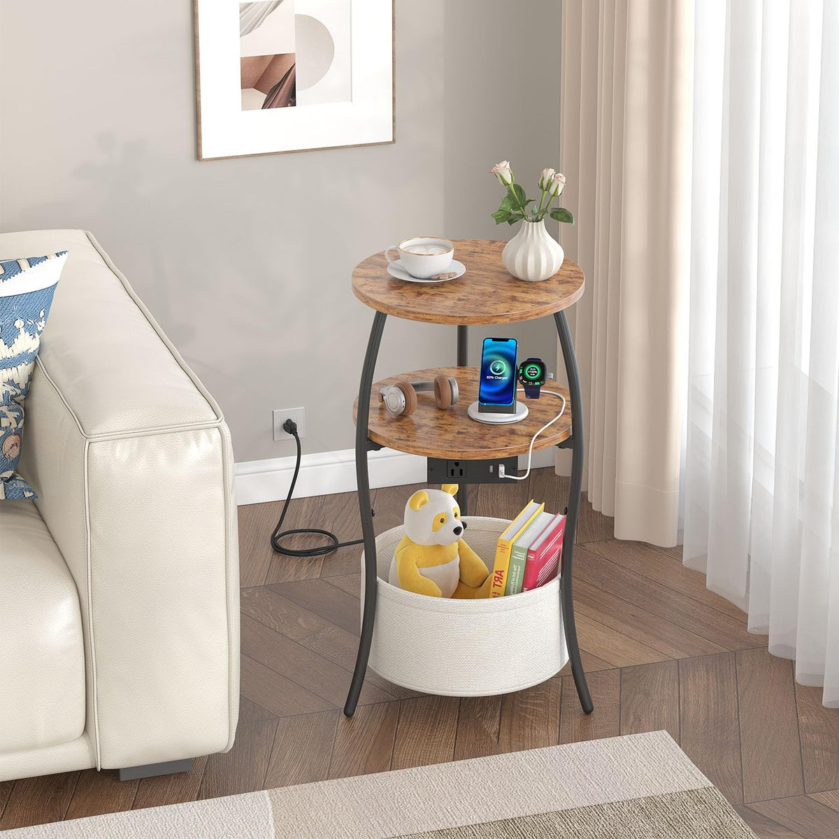 3-Tier Round End Table with Charging Station E625