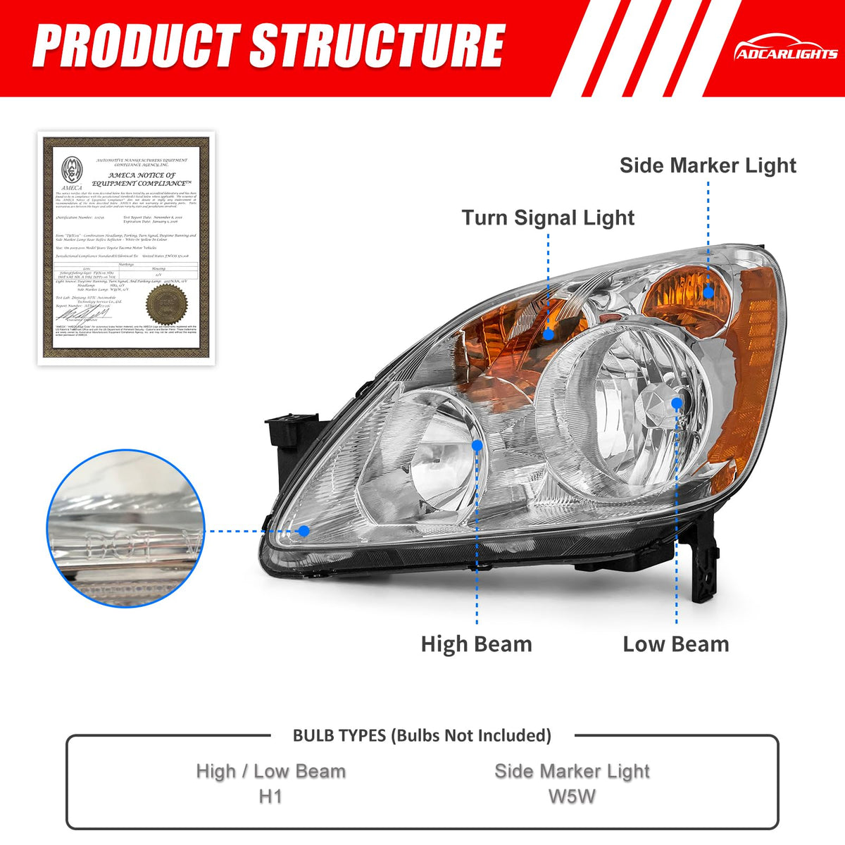 Headlight Chrome Housing Amber Reflector Replacement Pair K3832