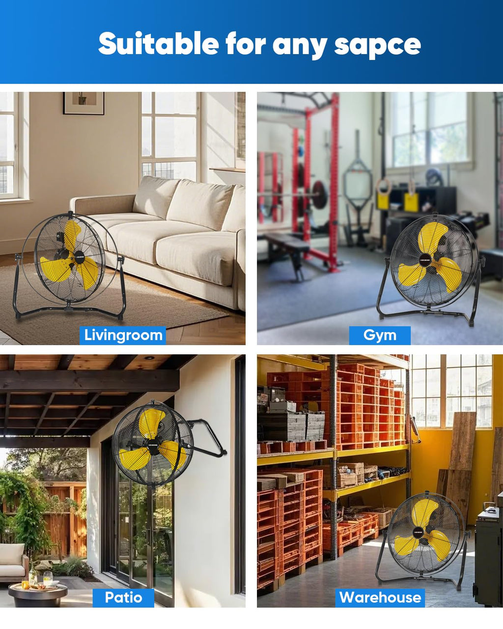 20 Inch Heavy Duty Industrial Metal Floor Fan with Dual 720° Rotation, 3 Speeds W57617