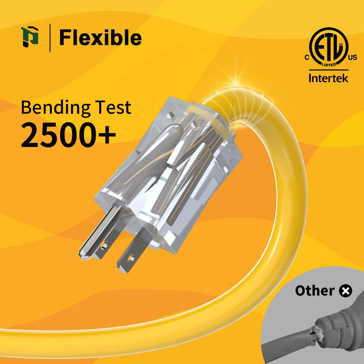 12 Gauge 100 Ft Heavy Duty Outdoor Extension Cord Waterproof Lighted End SJTW 3 Prong Grounded Plug 15A 1875W Yellow N414