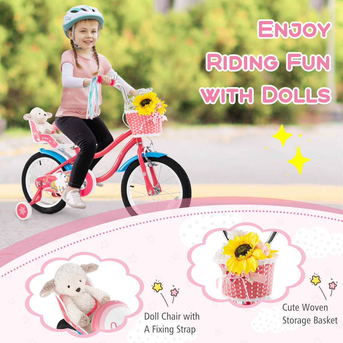 Girls Bike with Streamers & Doll-Seat Q938