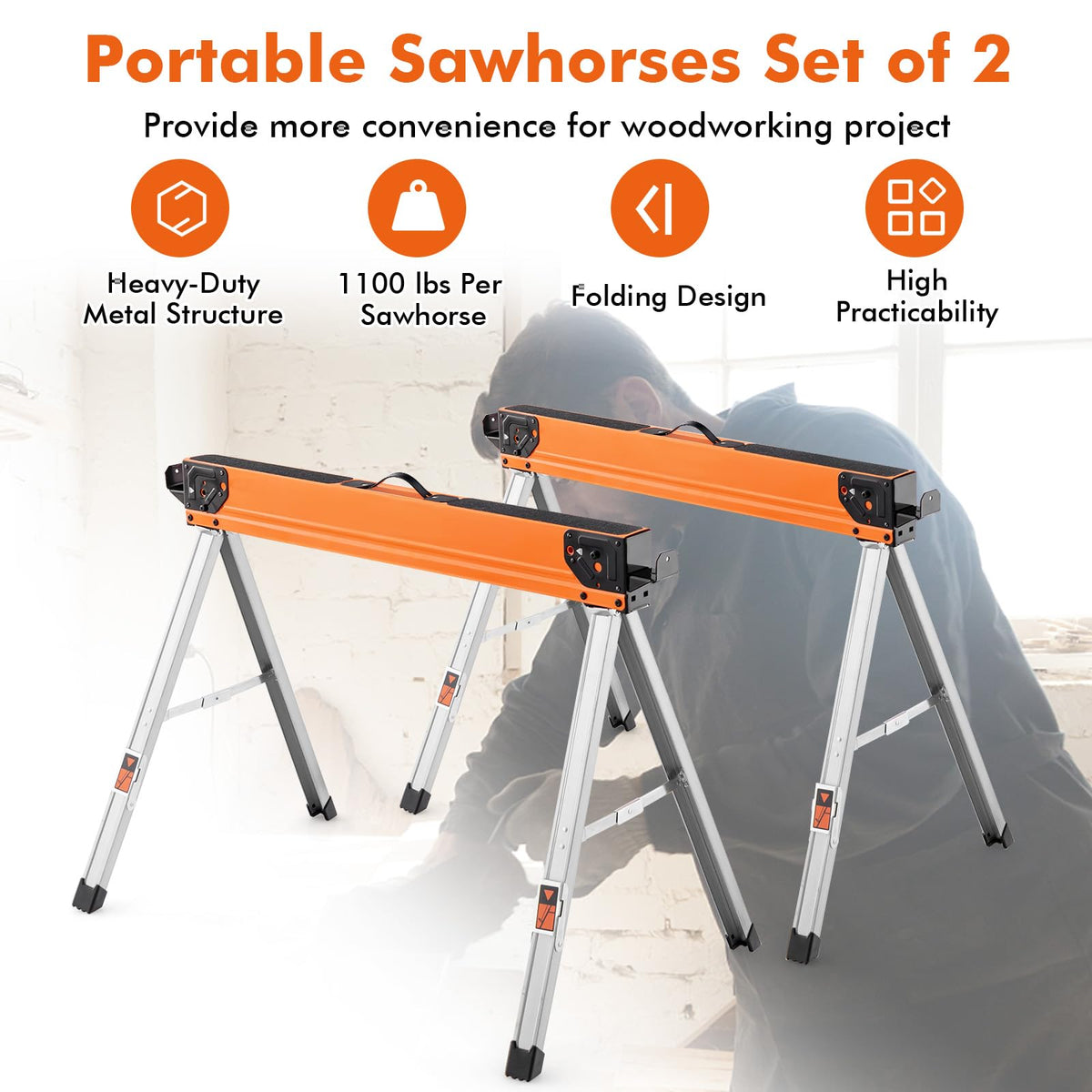Heavy Duty Steel Folding Saw Horses 2 Pack 2200 LBS Capacity R2477