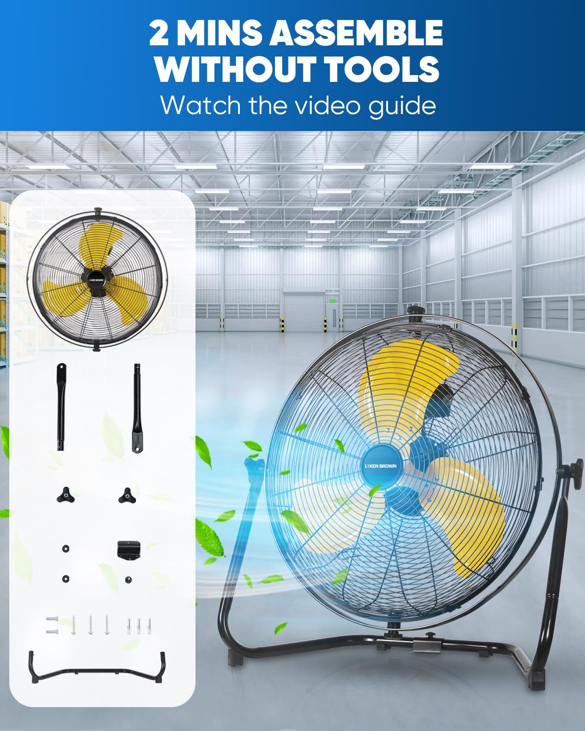 20 Inch Heavy Duty Industrial Metal Floor Fan with Dual 720° Rotation, 3 Speeds W57617