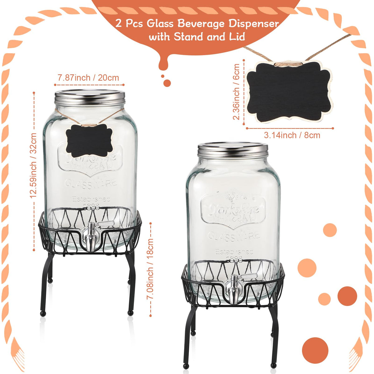 2 Pack 2 Gallon Glass Drink Dispenser with Stand E994