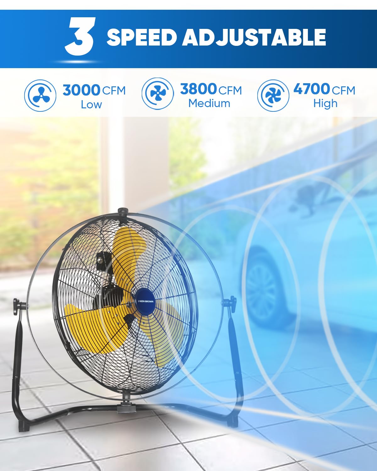 20 Inch Heavy Duty Industrial Metal Floor Fan with Dual 720° Rotation, 3 Speeds W57617