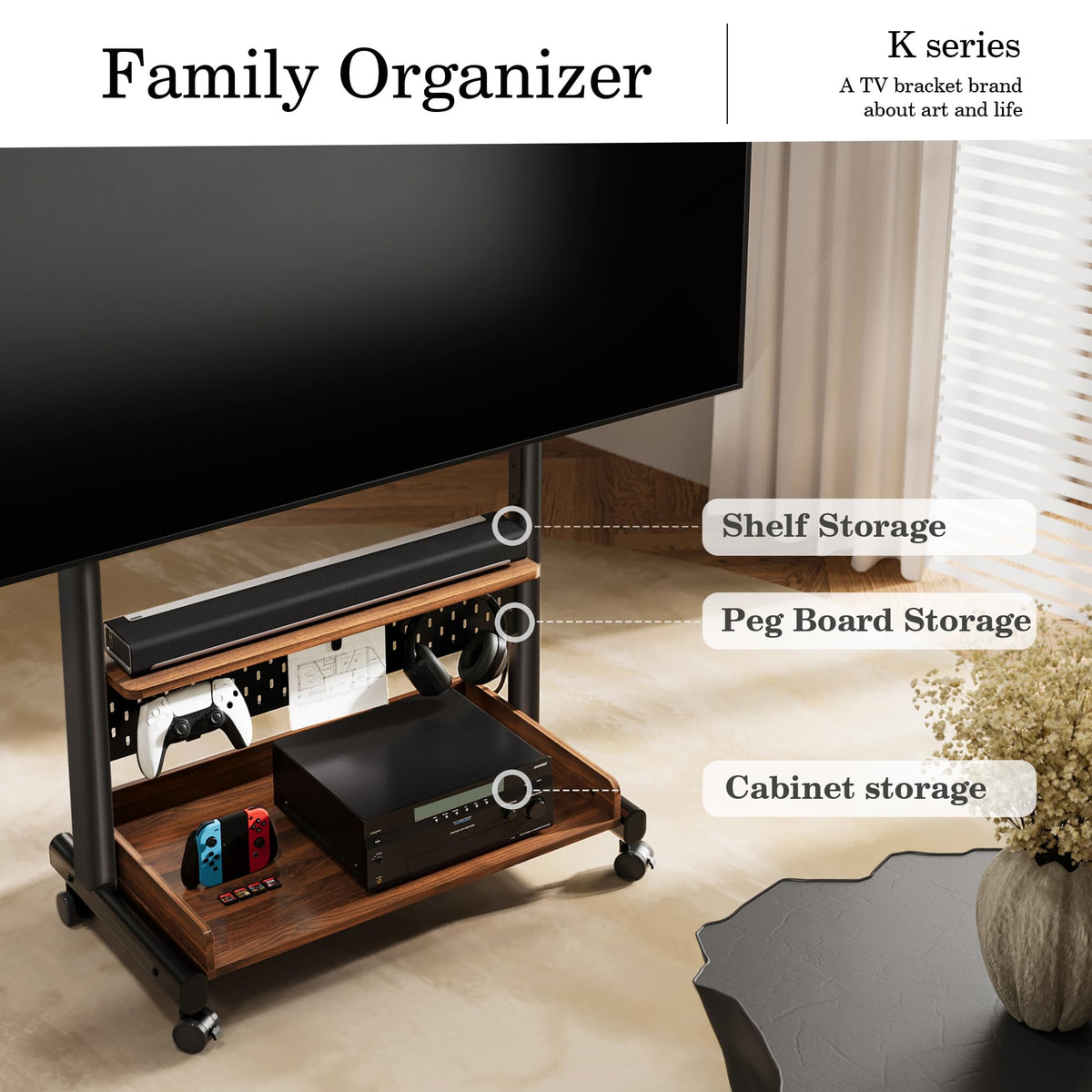 Rolling TV Stand Mount with Wooden Shelf N7773
