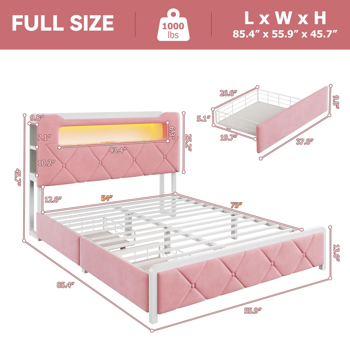 Pink Velvet Upholstered Platform Bed Frame with 2 Storage Drawers F8916