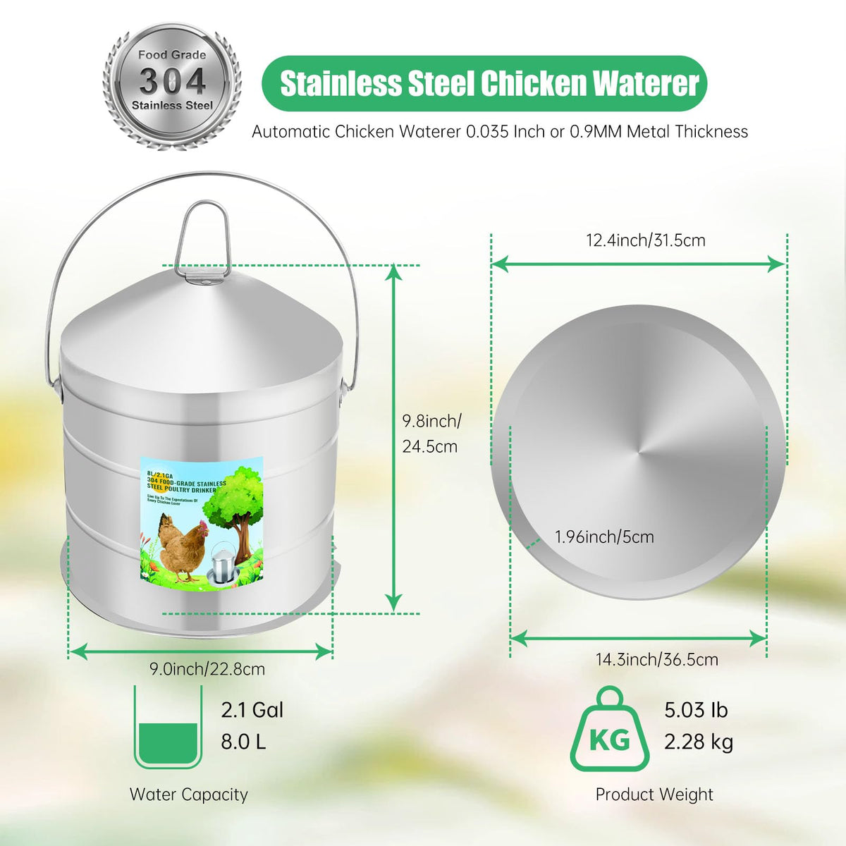 304 Food Grade Stainless Steel Automatic Chicken Waterer 8L/2.1Gal Y825244