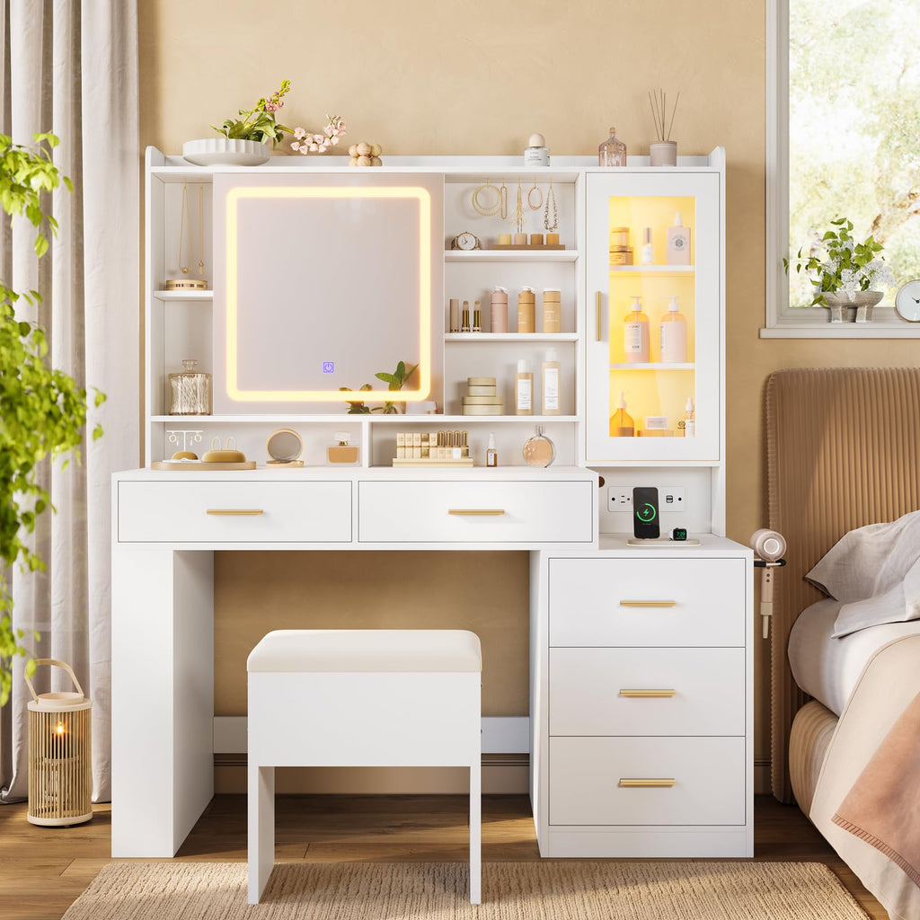 White Makeup Vanity Desk with Sliding LED Lighted Mirror E1546