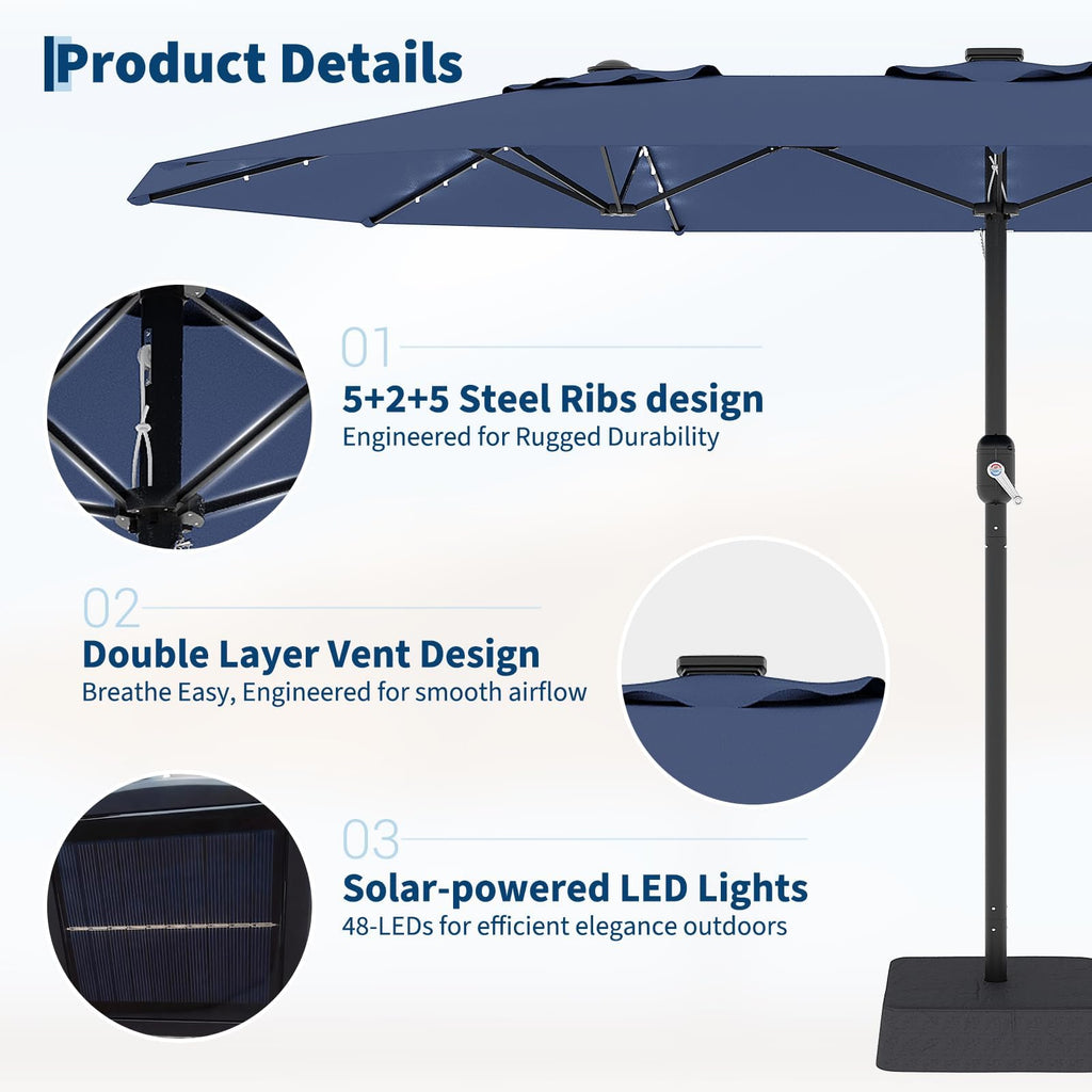15FT Patio Umbrella with Solar Lights & Base Y788