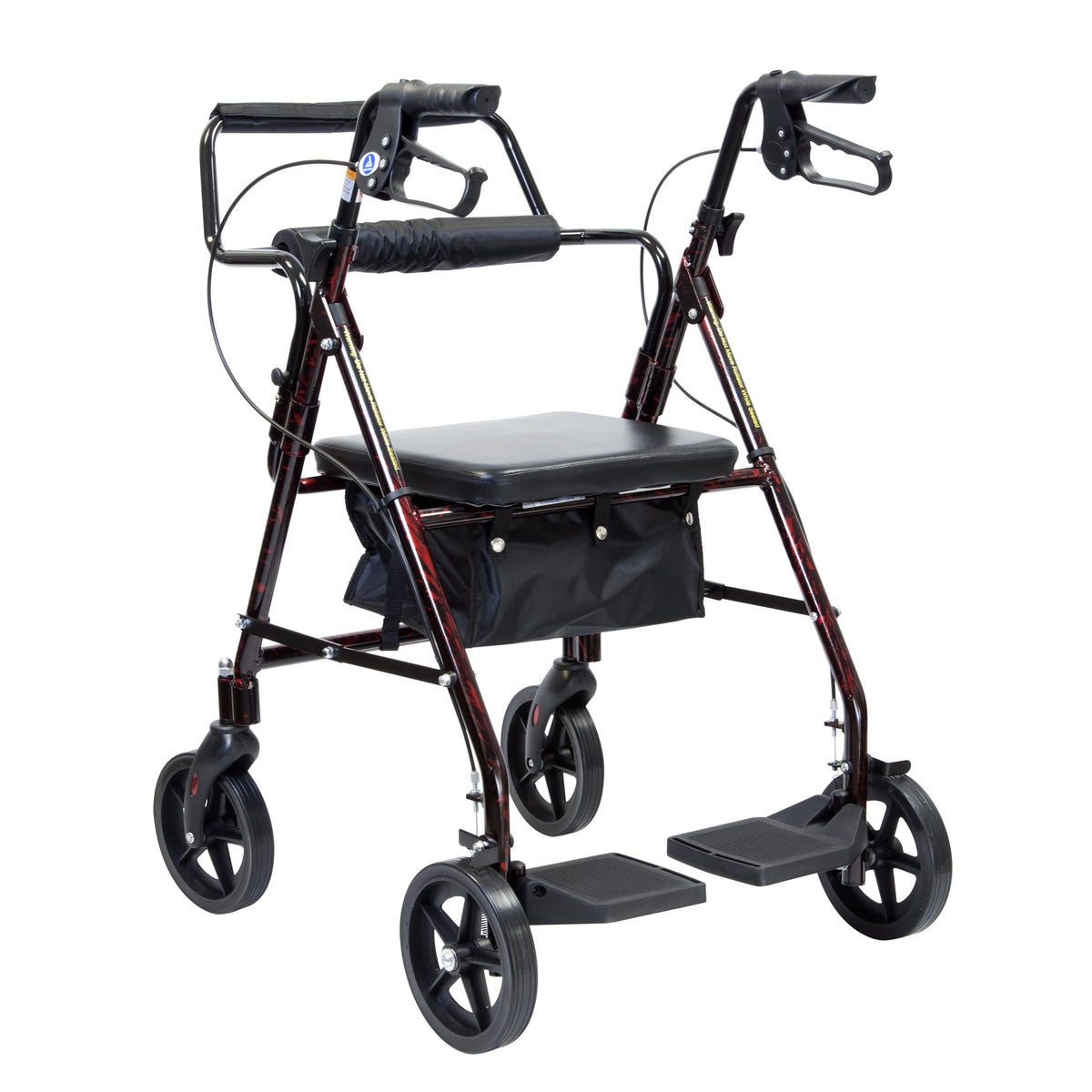 4 Wheel Rollator and Transport Wheelchair with Fold-Down Footrests, Red Frame X130