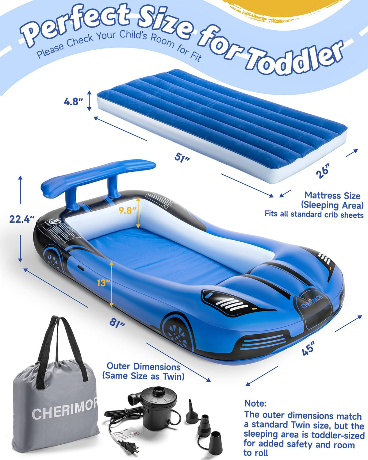 Inflatable Toddler Travel Bed with Safety Bumpers & Auto Pump J5859