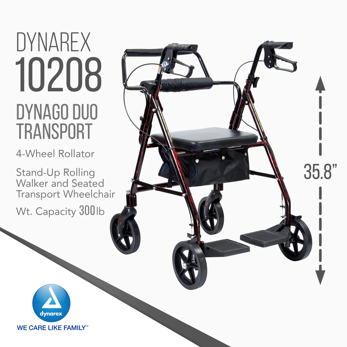 4 Wheel Rollator and Transport Wheelchair with Fold-Down Footrests, Red Frame X130
