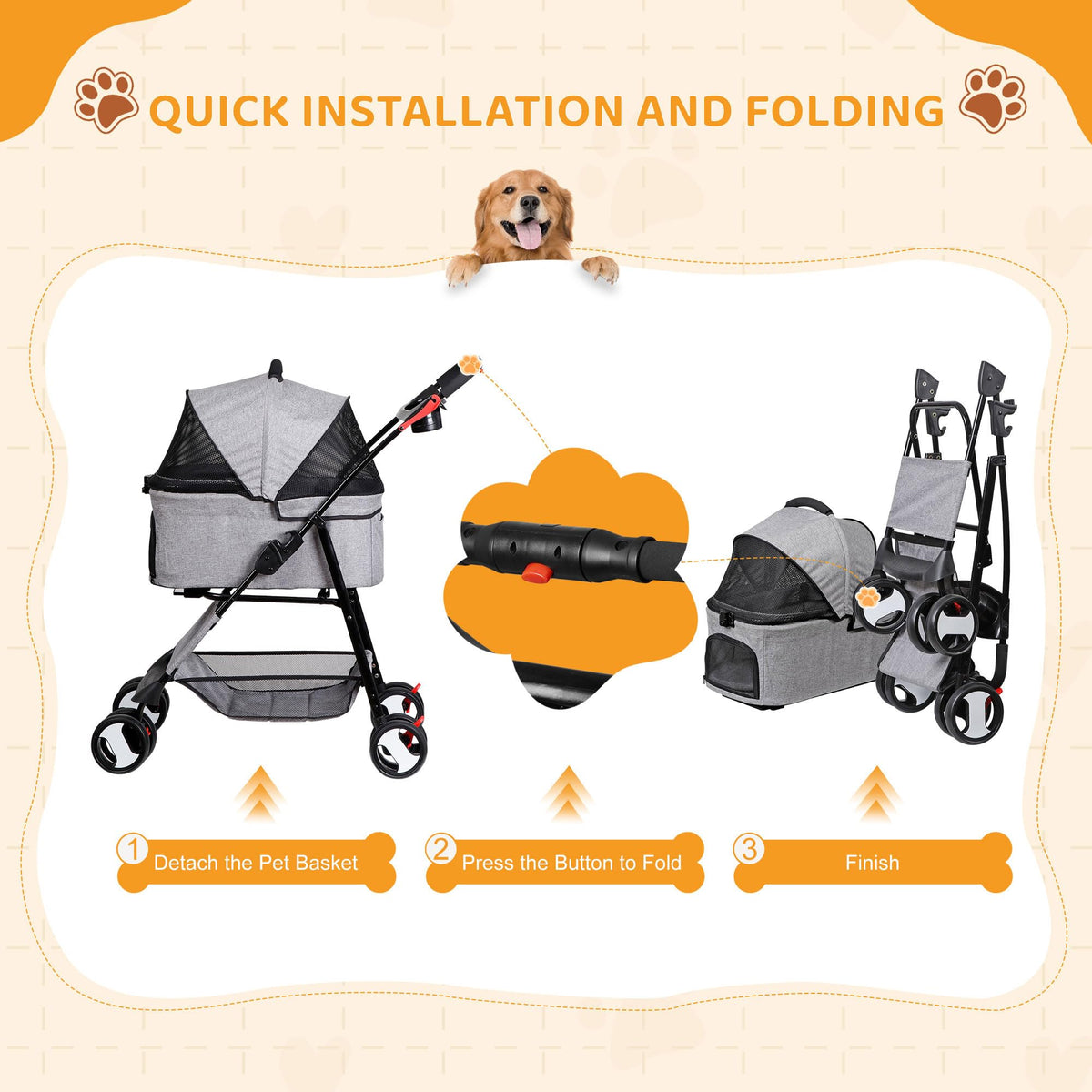 3 in1 Foldable Pet Stroller with 4 Wheels P8530