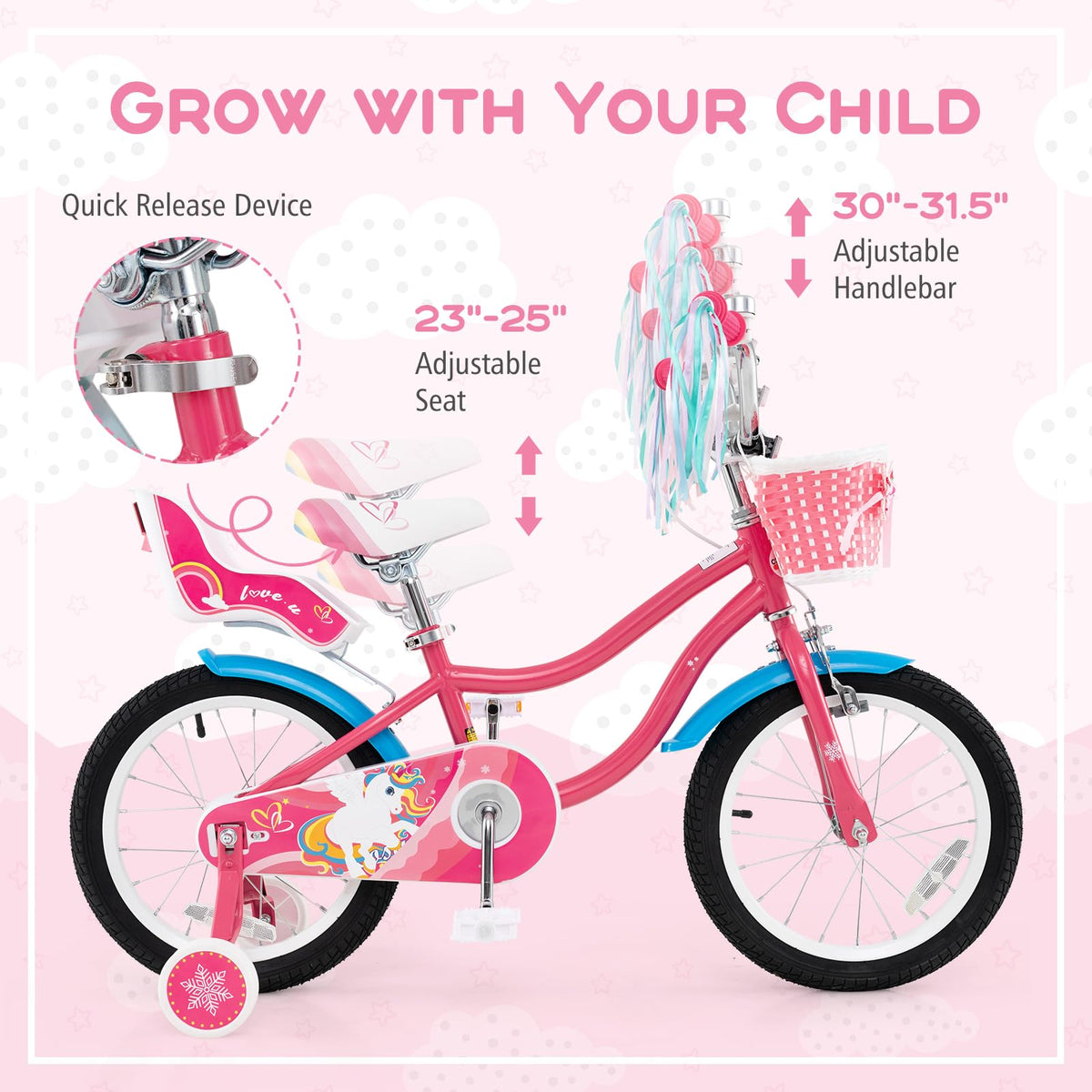 Girls Bike with Streamers & Doll-Seat Q938