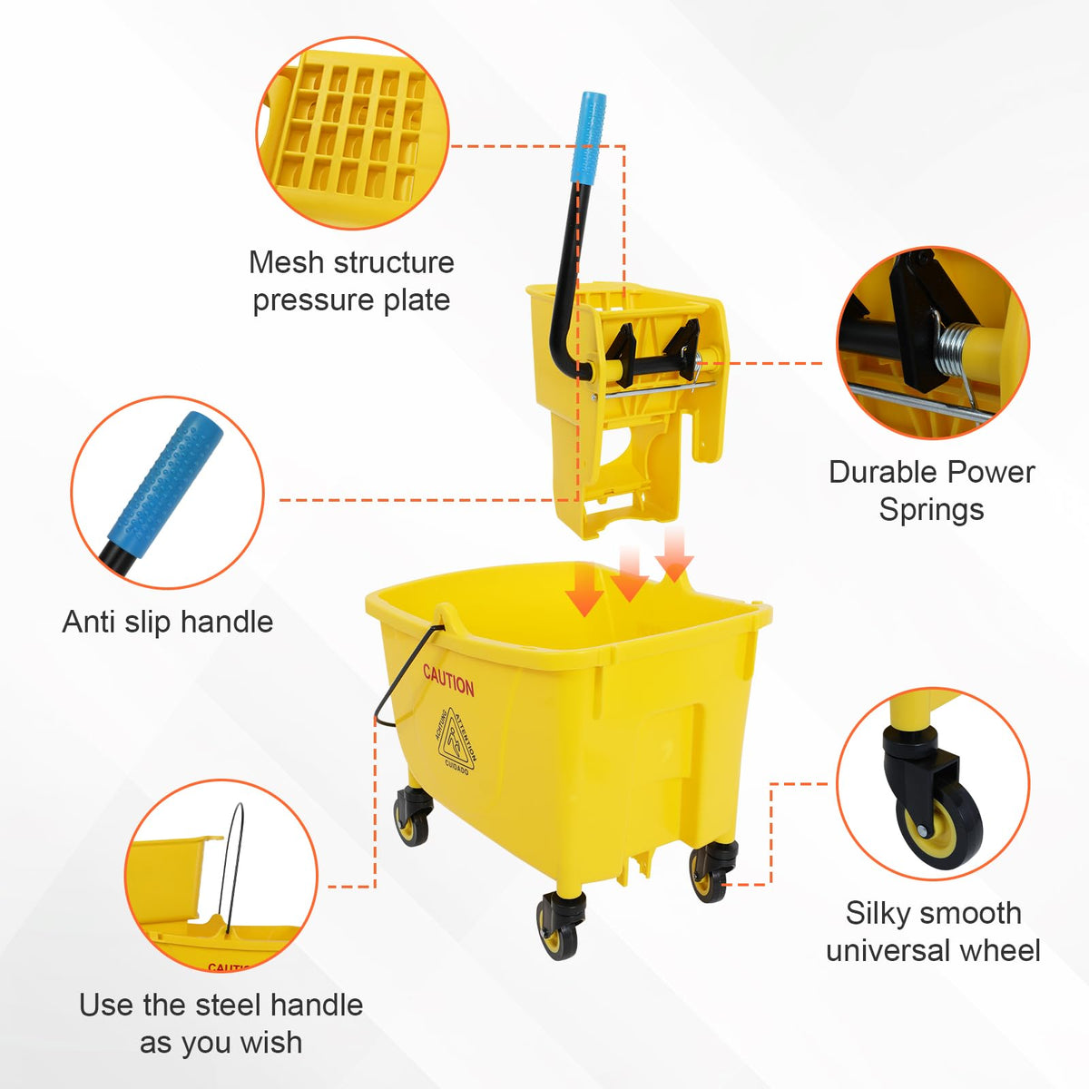 35 Qt Yellow Mop Bucket with Wringer on Wheels H174
