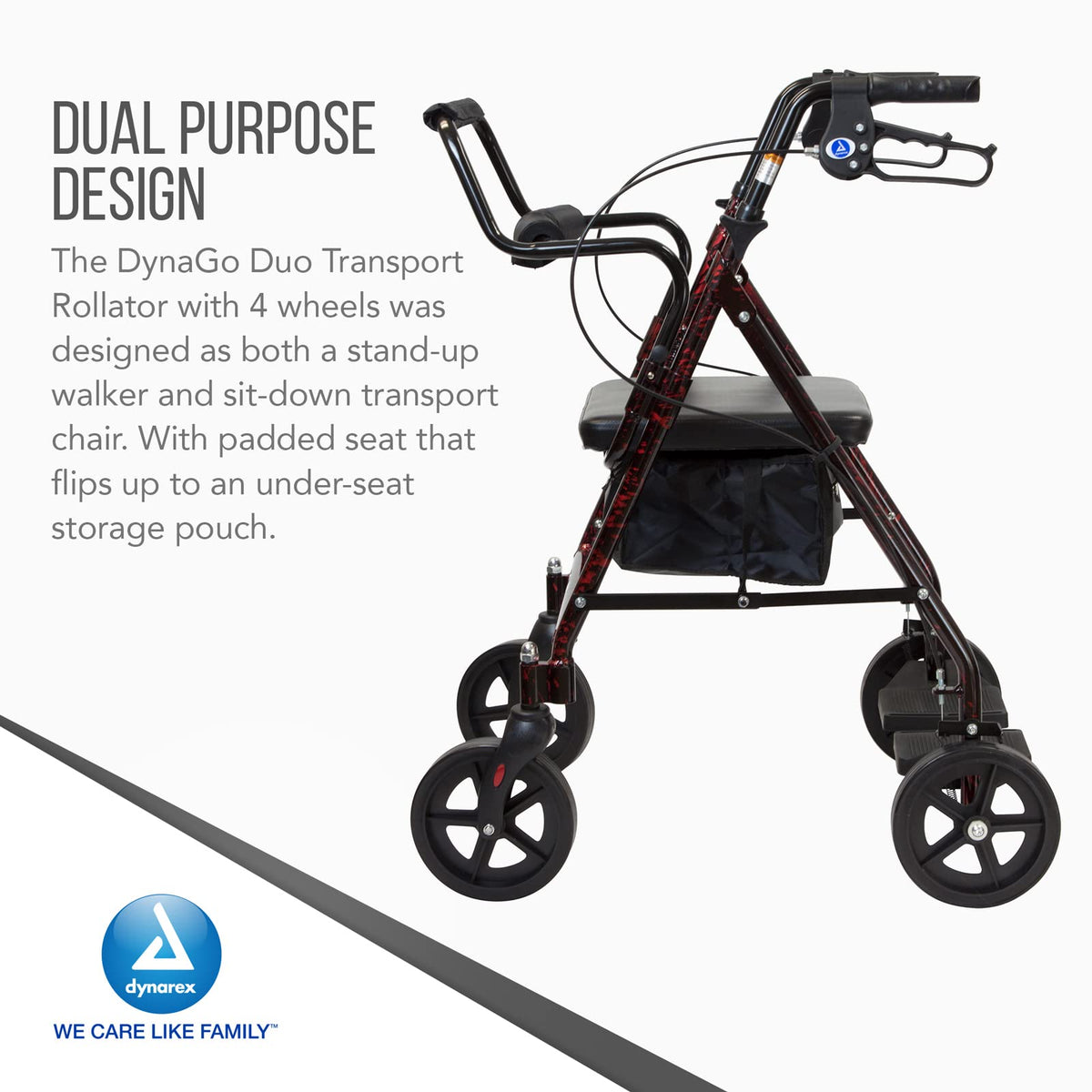 4 Wheel Rollator and Transport Wheelchair with Fold-Down Footrests, Red Frame X130