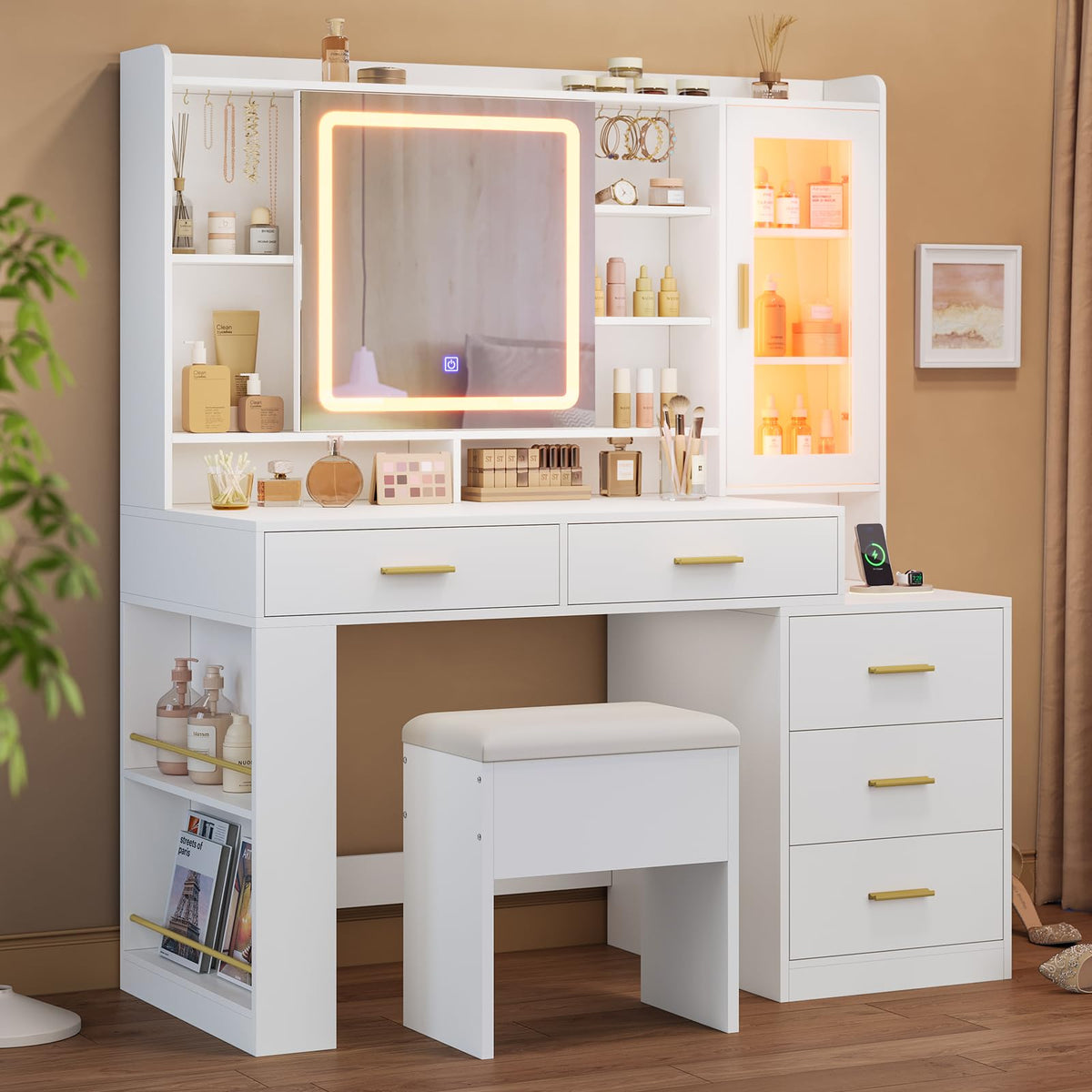 White Makeup Vanity Desk with Sliding LED Lighted Mirror E1546
