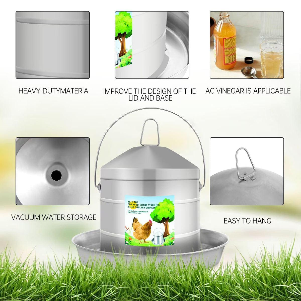 304 Food Grade Stainless Steel Automatic Chicken Waterer 8L/2.1Gal Y825244