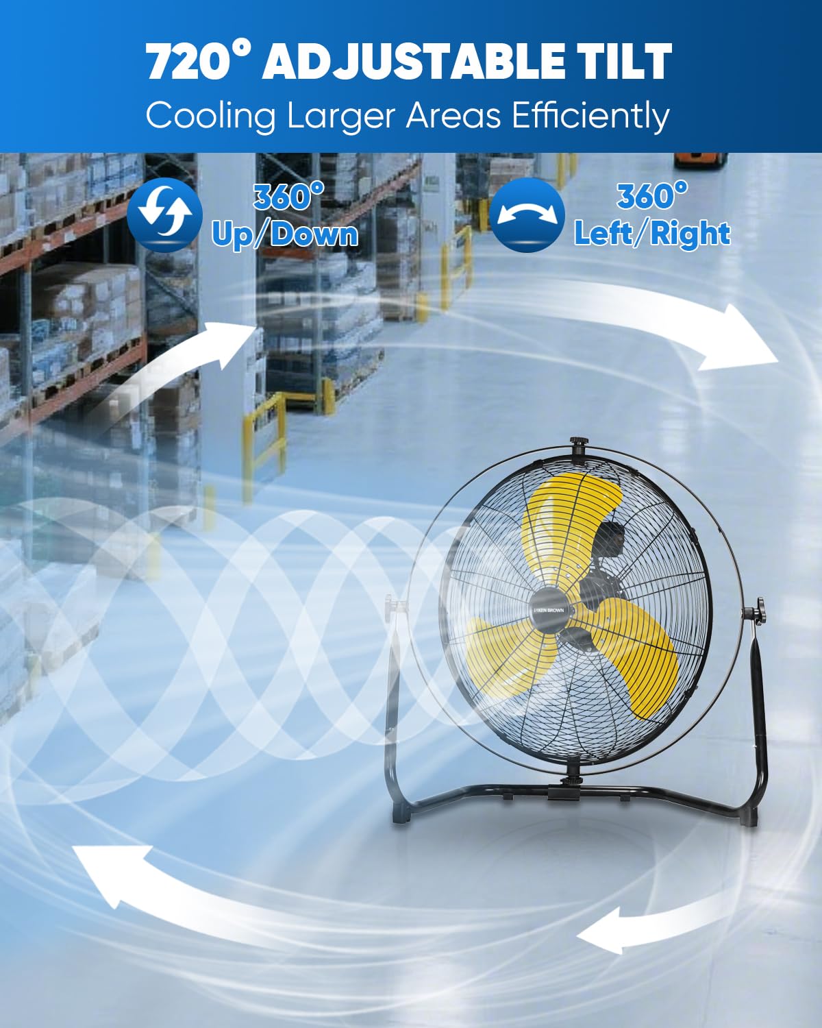 20 Inch Heavy Duty Industrial Metal Floor Fan with Dual 720° Rotation, 3 Speeds W57617