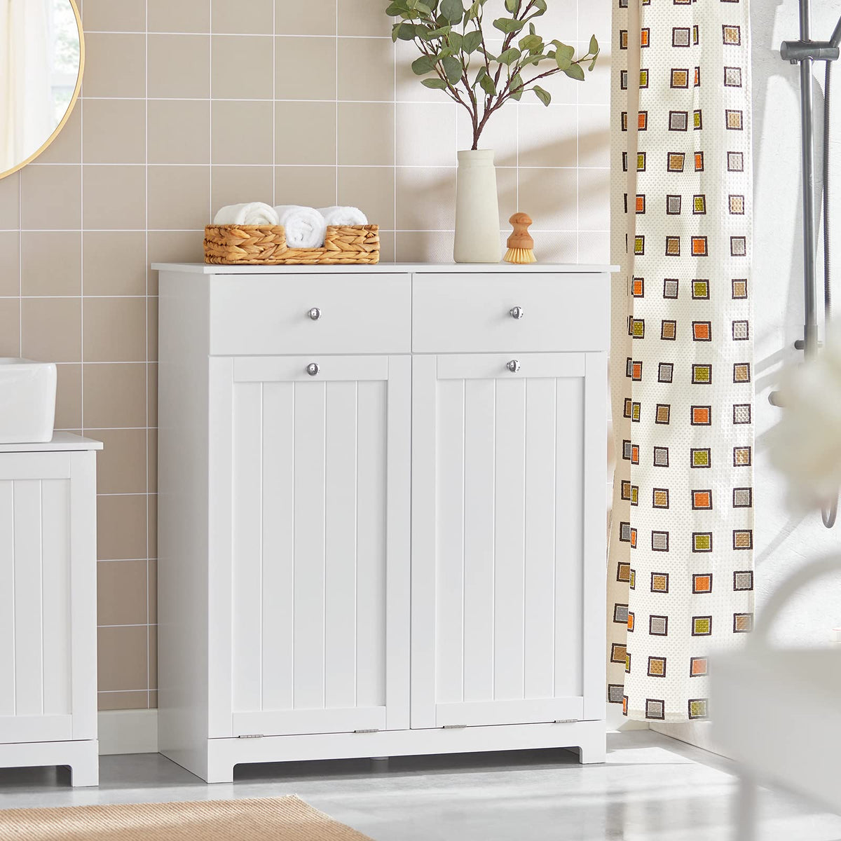White Laundry Hamper Cabinet with 2 Baskets C5907