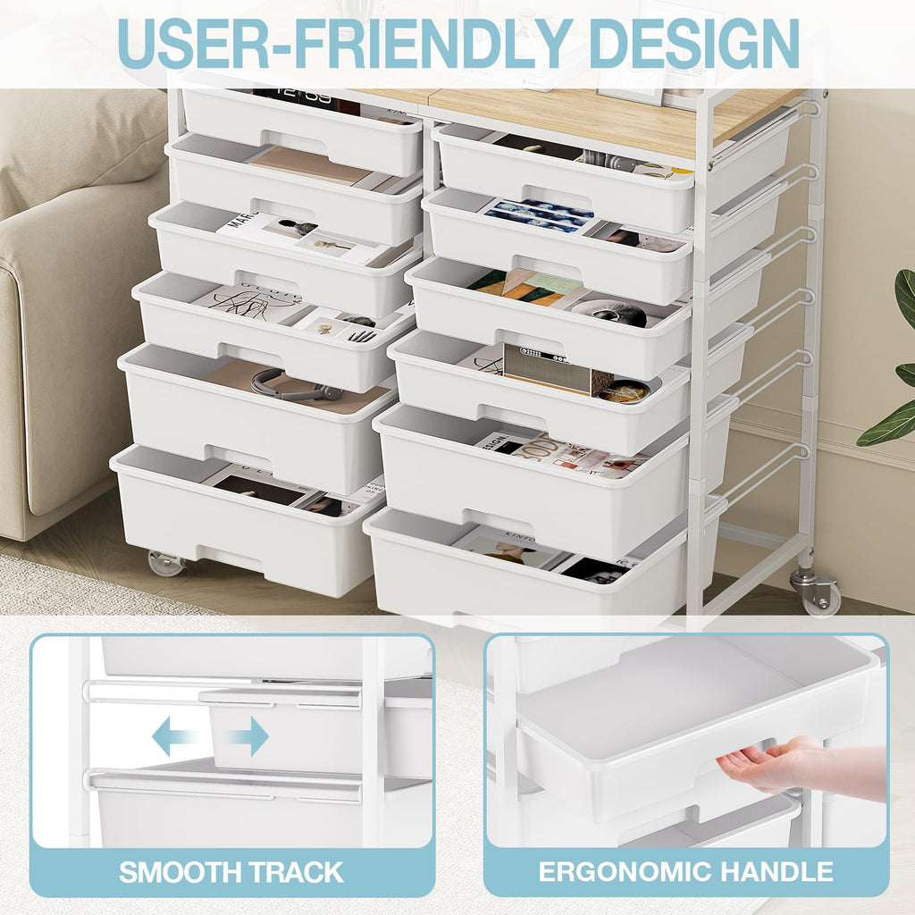 White 12 Drawers Rolling Storage Cart with Wooden Top Q491185