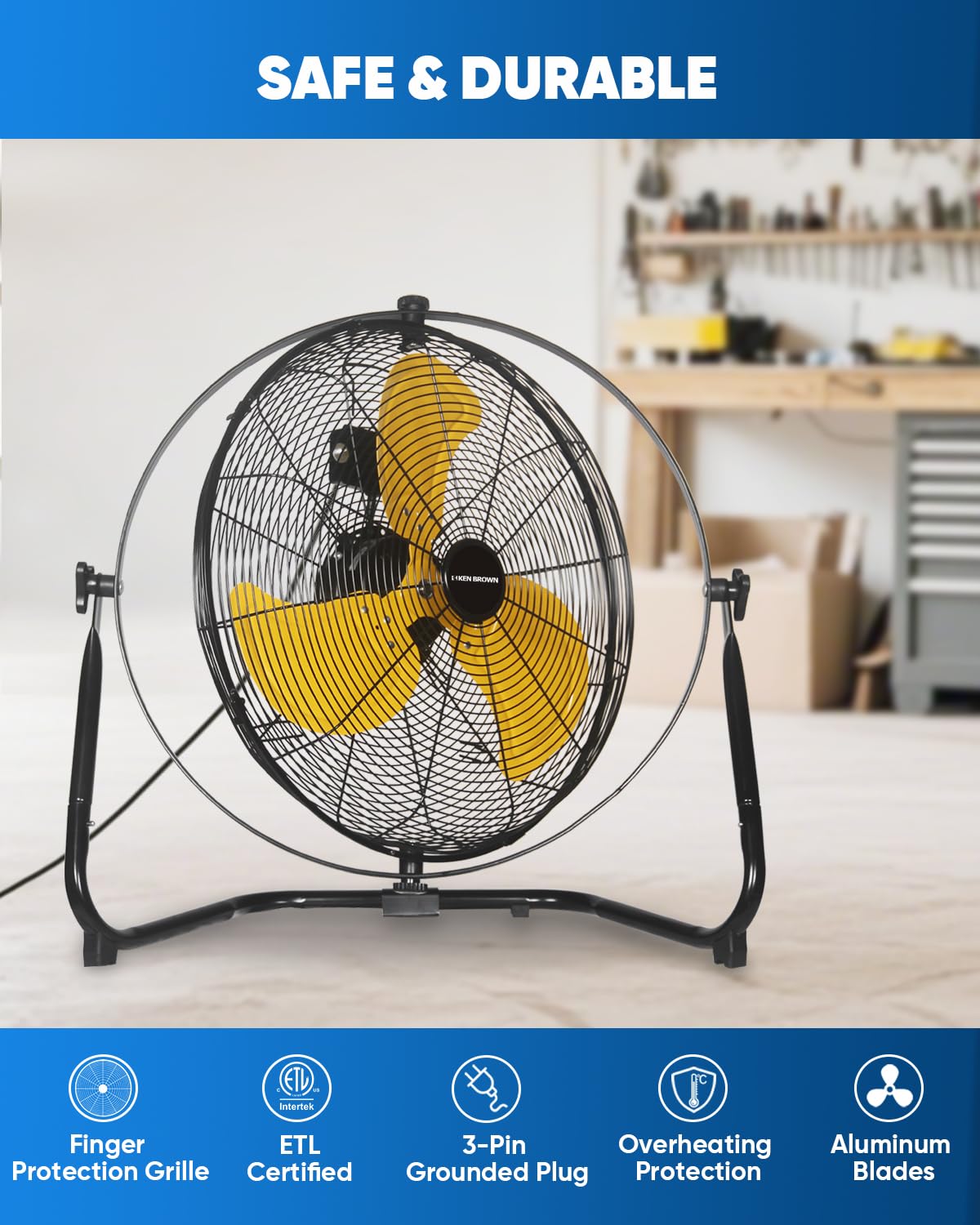 20 Inch Heavy Duty Industrial Metal Floor Fan with Dual 720° Rotation, 3 Speeds W57617