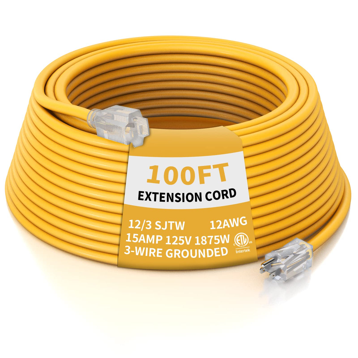 12 Gauge 100 Ft Heavy Duty Outdoor Extension Cord Waterproof Lighted End SJTW 3 Prong Grounded Plug 15A 1875W Yellow N414