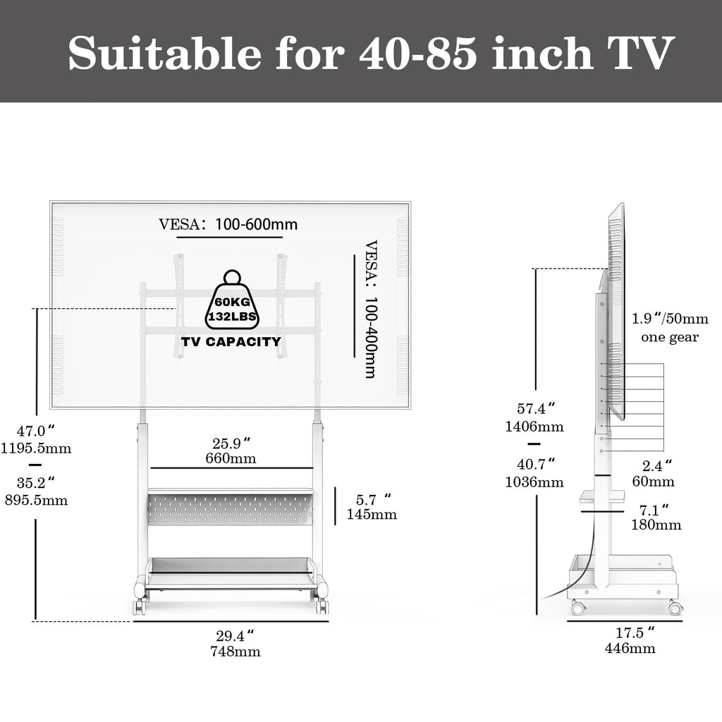Rolling TV Stand Mount with Wooden Shelf N7773