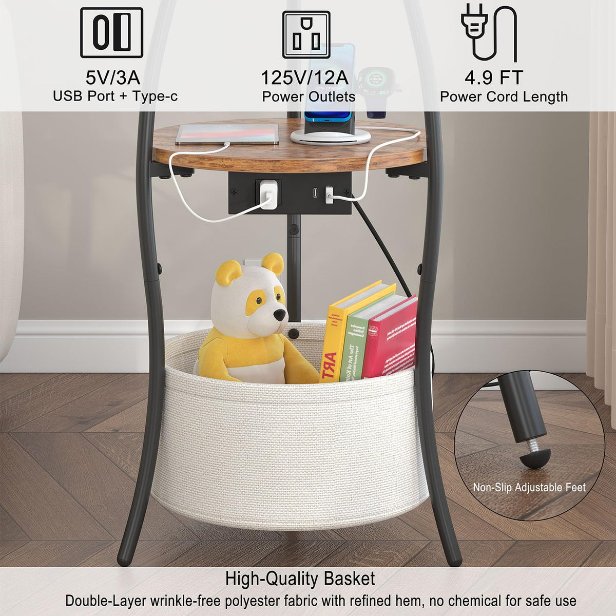 3-Tier Round End Table with Charging Station E625