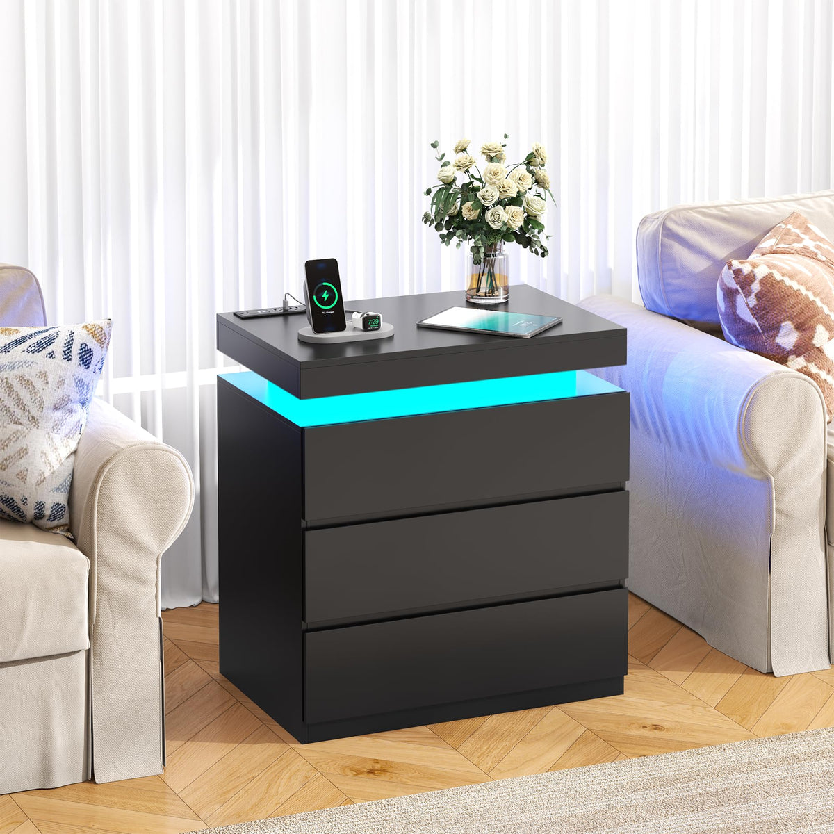 Nightstand with Charging Station, LED Lights, 3 Storage Drawers A5765